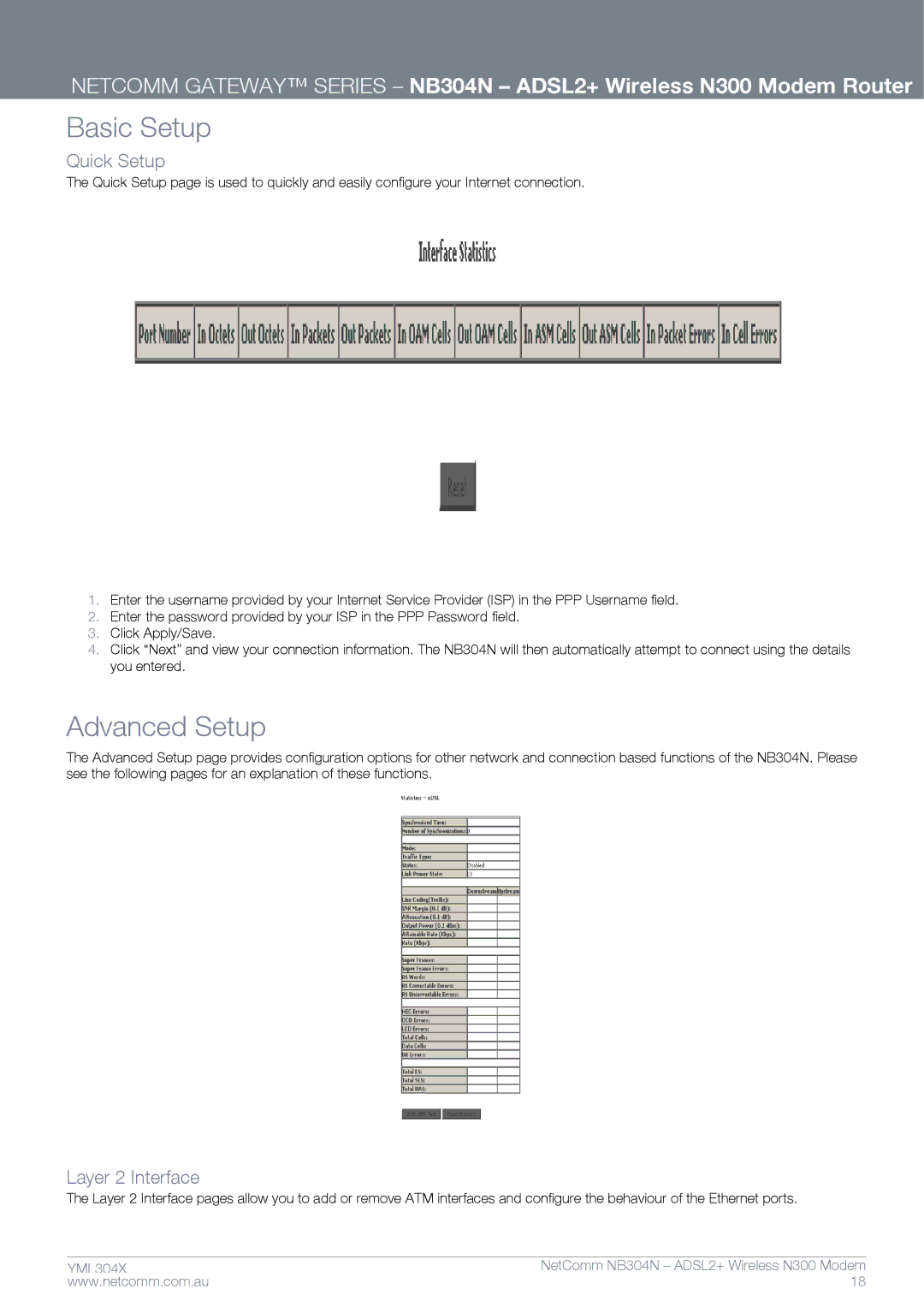 Gateway NB304N manual Basic Setup, Advanced Setup, Quick Setup, Layer 2 Interface 