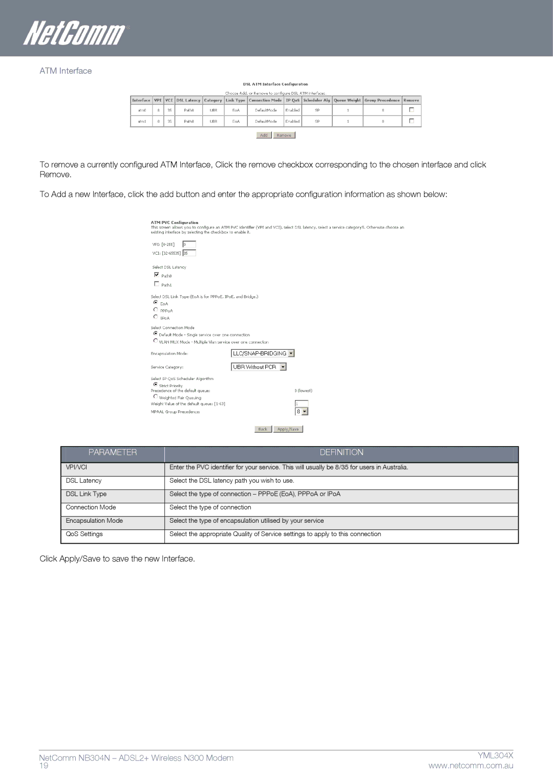 Gateway NB304N manual ATM Interface, Parameter Definition 