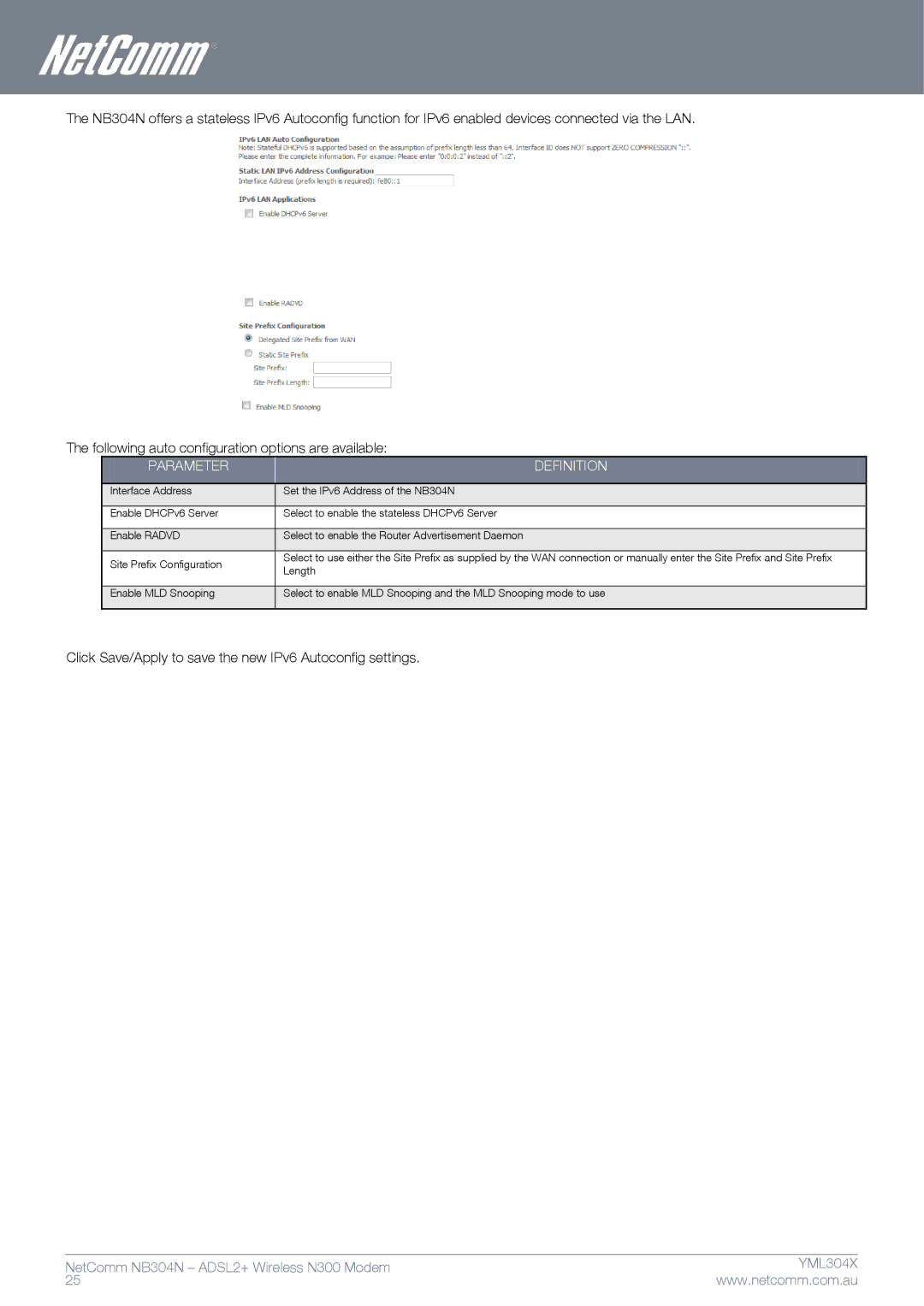 Gateway NB304N manual Click Save/Apply to save the new IPv6 Autoconfig settings 