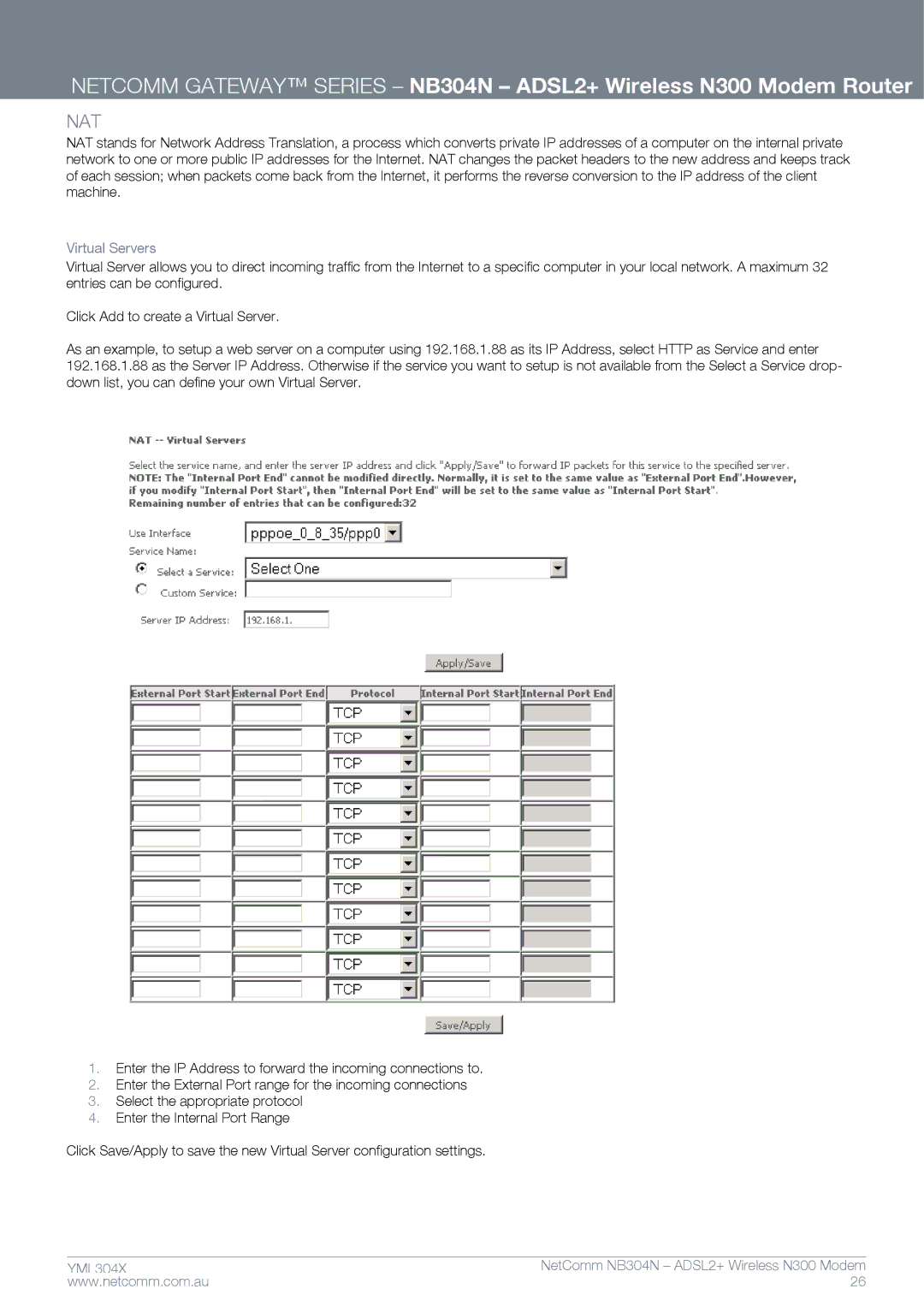 Gateway NB304N manual Nat, Virtual Servers 