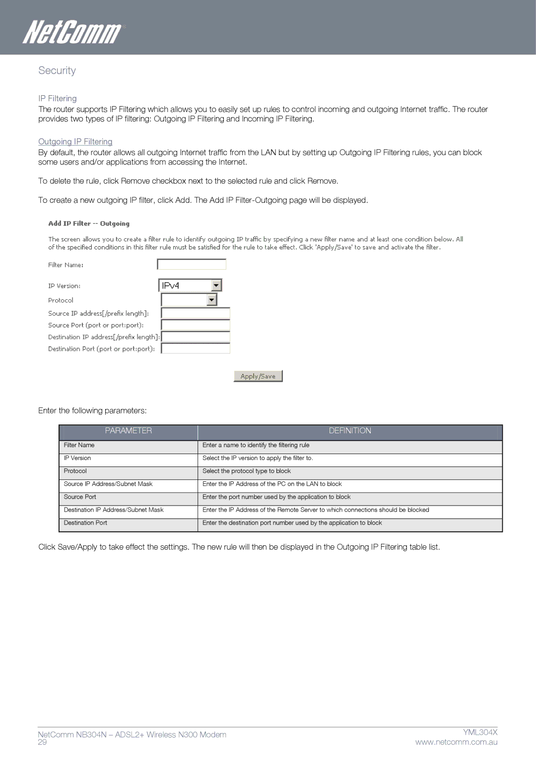 Gateway NB304N manual Security, Outgoing IP Filtering 