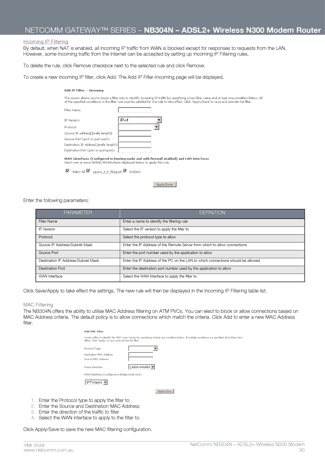 Gateway NB304N manual Incoming IP Filtering, MAC Filtering 