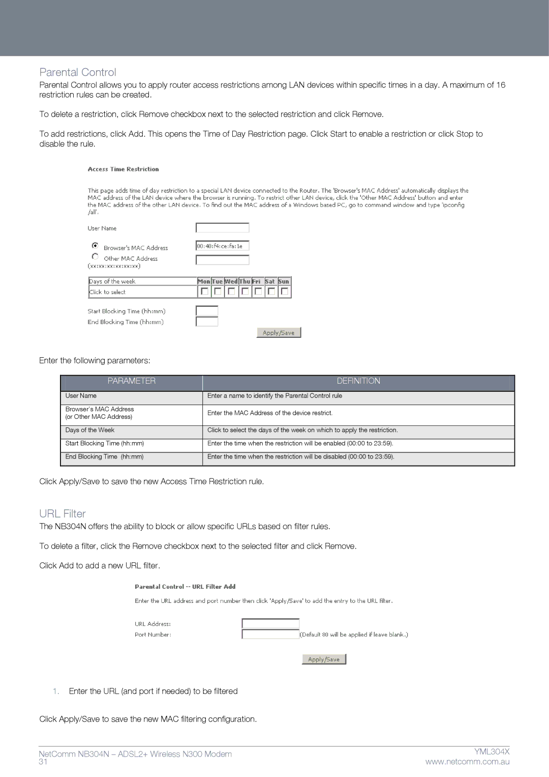 Gateway NB304N manual Parental Control, URL Filter 