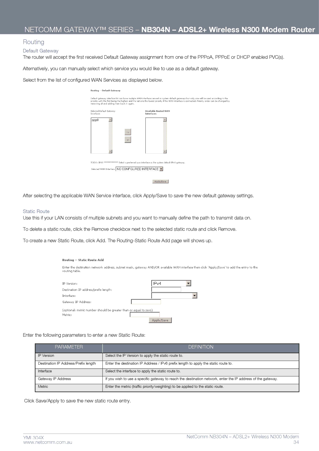 Gateway NB304N manual Routing, Default Gateway, Static Route 