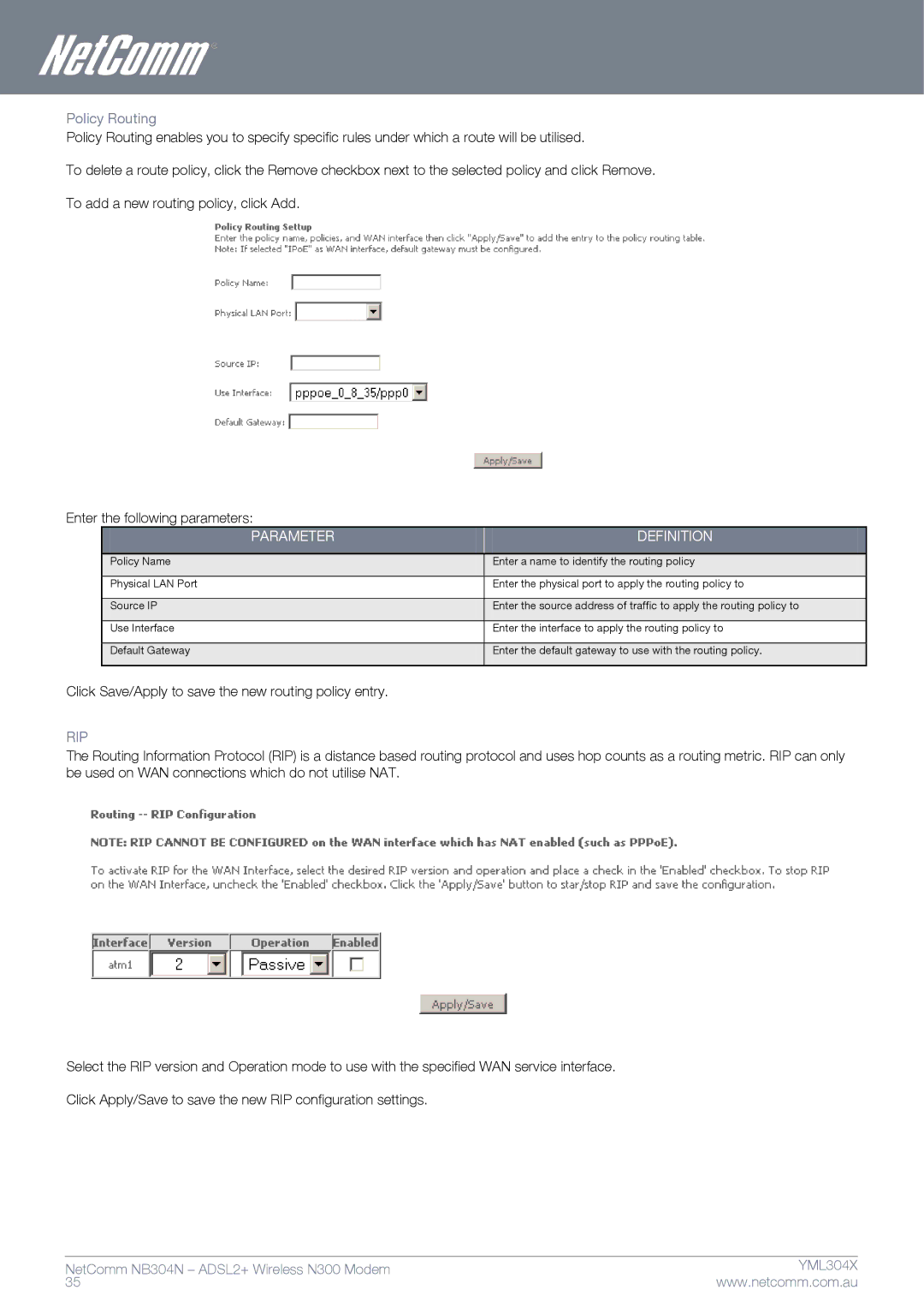 Gateway NB304N manual Policy Routing, Rip 