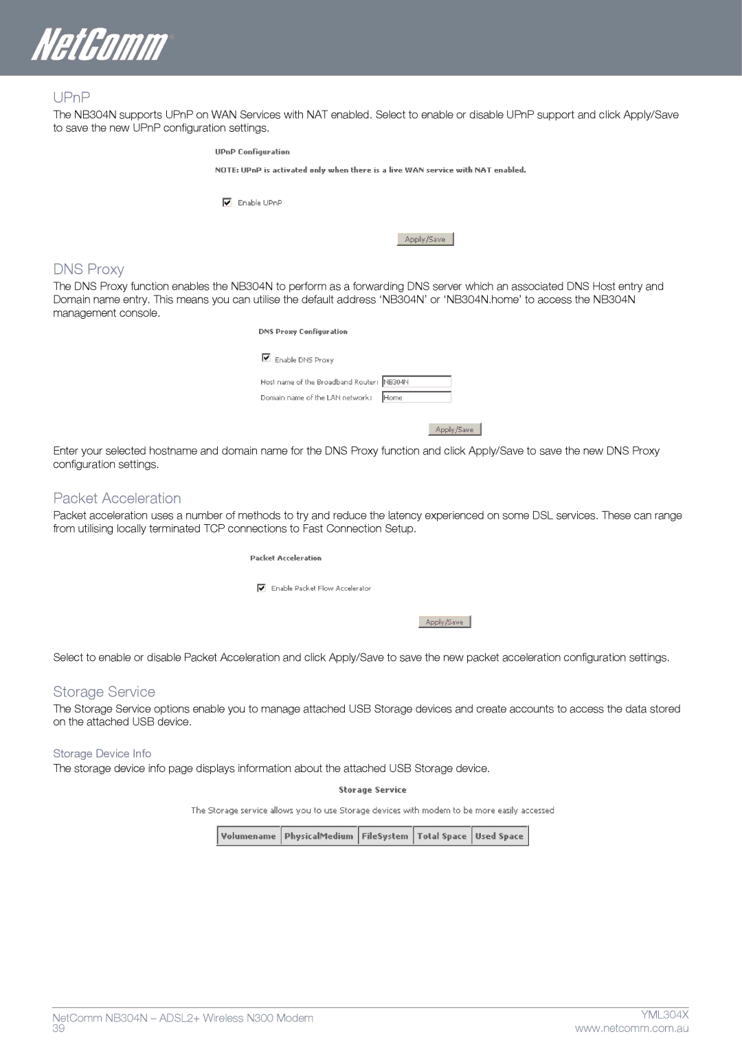Gateway NB304N manual UPnP, DNS Proxy, Packet Acceleration, Storage Service, Storage Device Info 