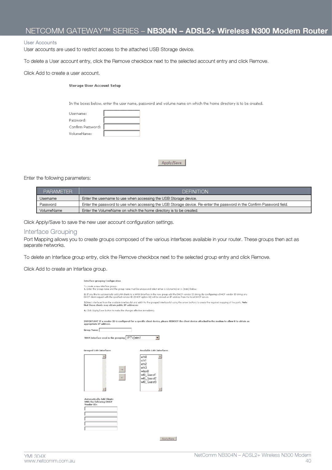 Gateway NB304N manual Interface Grouping, User Accounts 