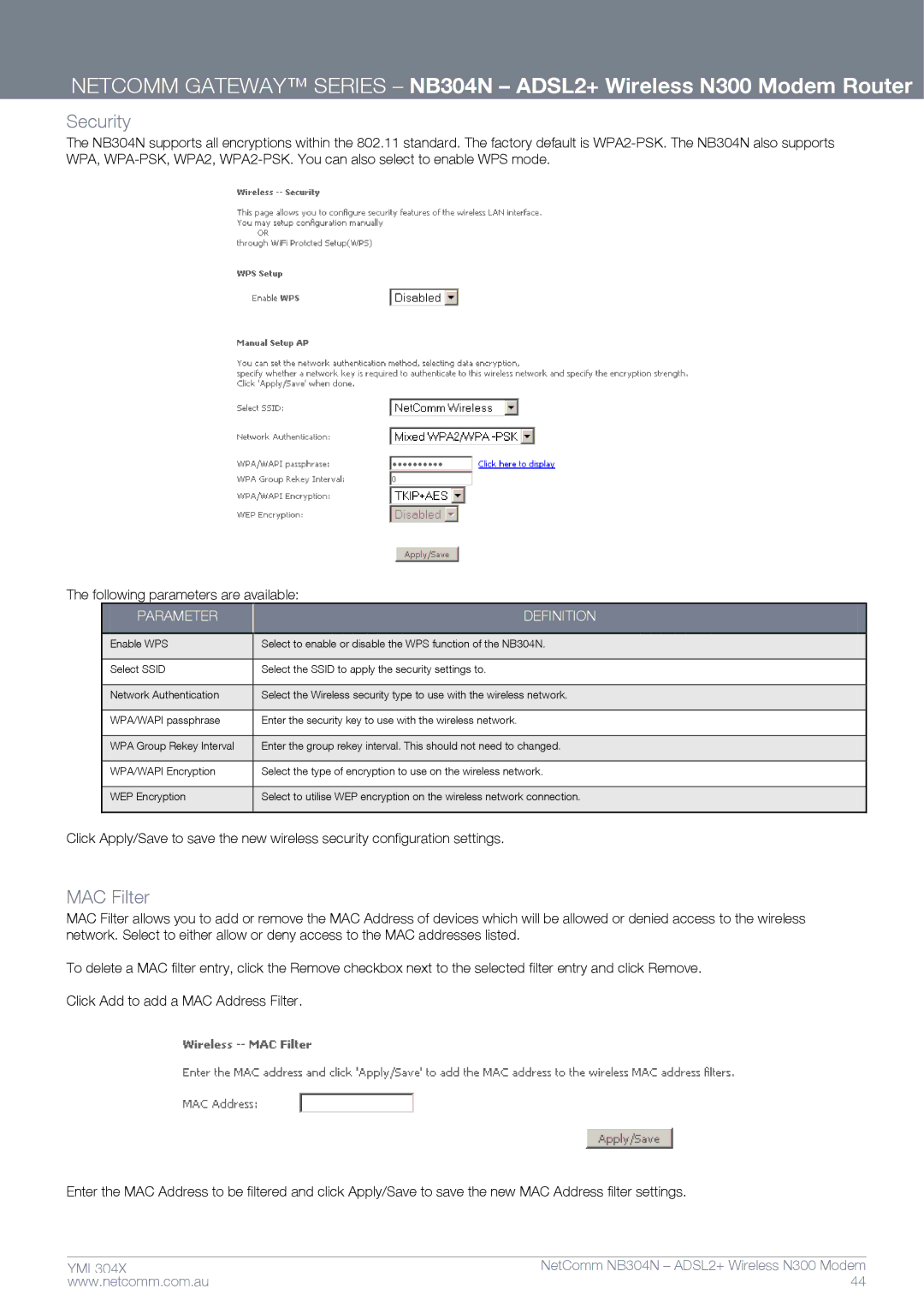 Gateway NB304N manual Security, MAC Filter 