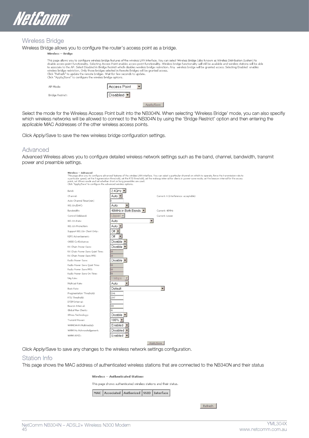 Gateway NB304N manual Wireless Bridge, Advanced, Station Info 
