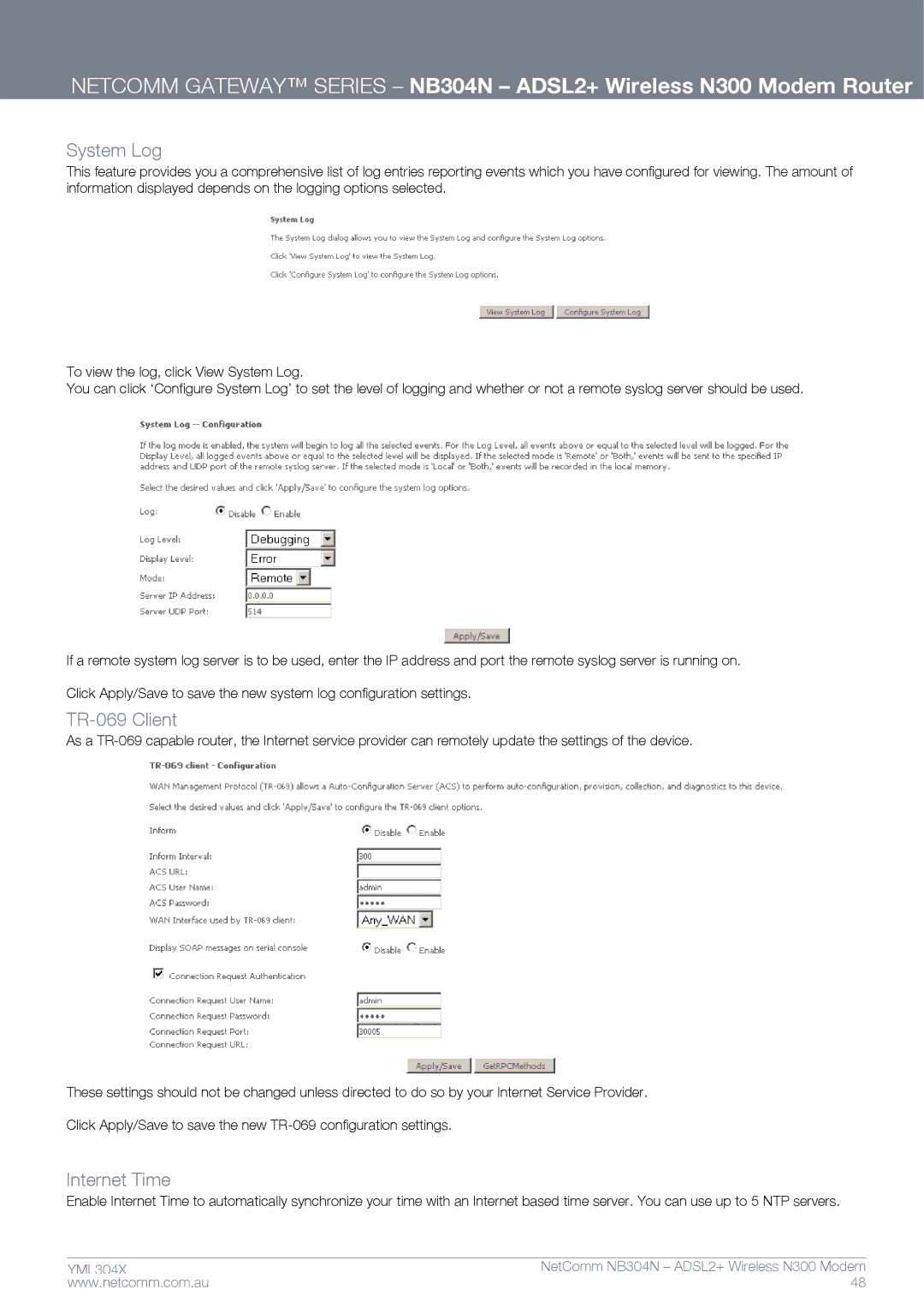 Gateway NB304N manual System Log, TR-069 Client, Internet Time 