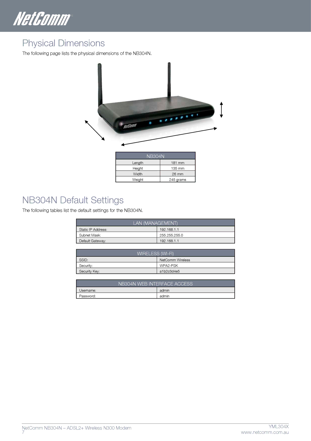 Gateway manual Physical Dimensions, NB304N Default Settings 