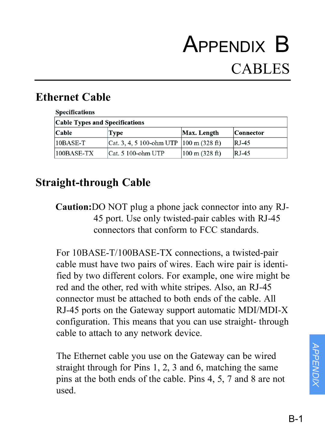 Gateway none manual Appendix B Cables, Ethernet Cable Straight-through Cable 