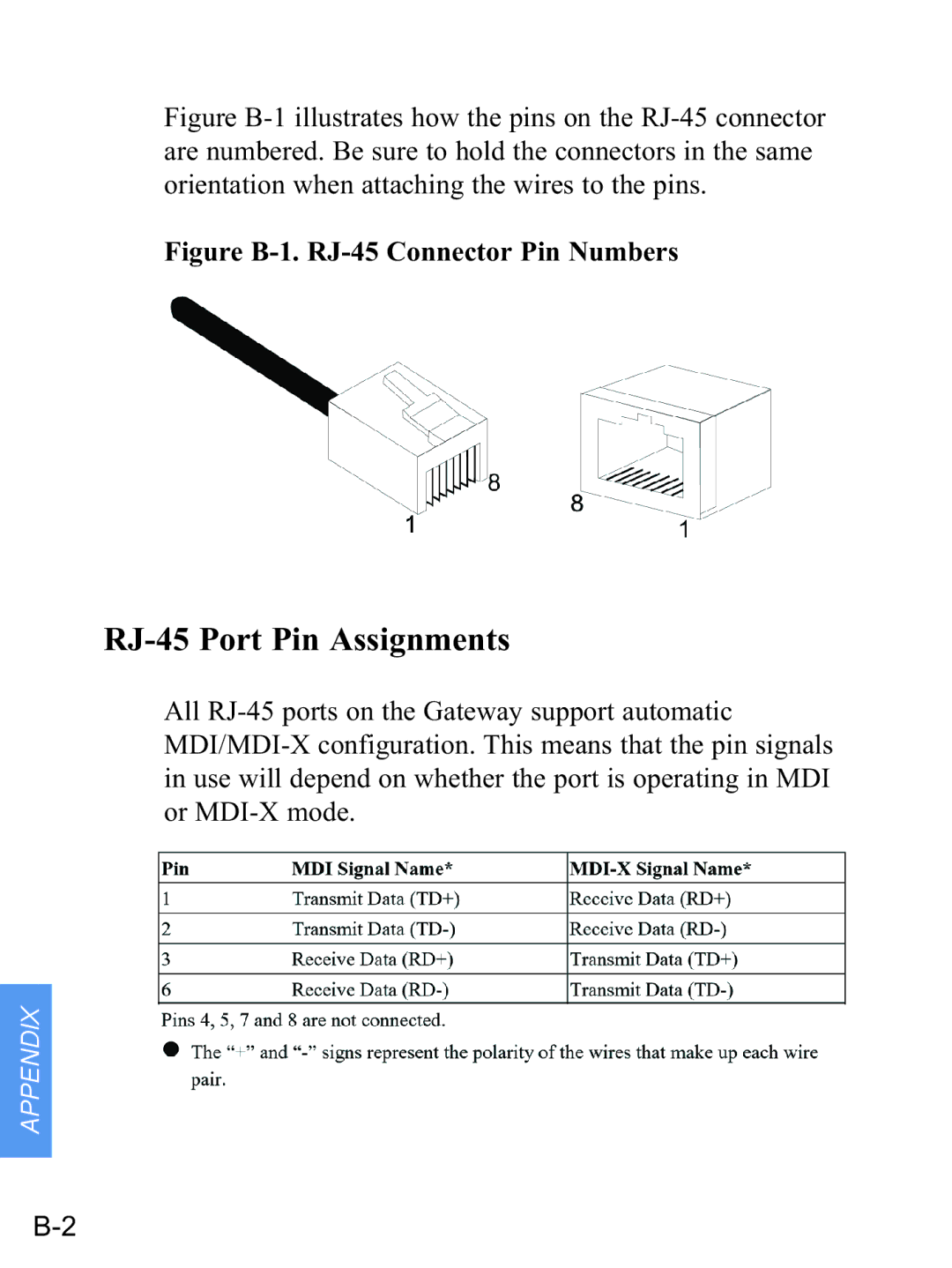 Gateway none manual RJ-45 Port Pin Assignments, Figure B-1. RJ-45 Connector Pin Numbers 