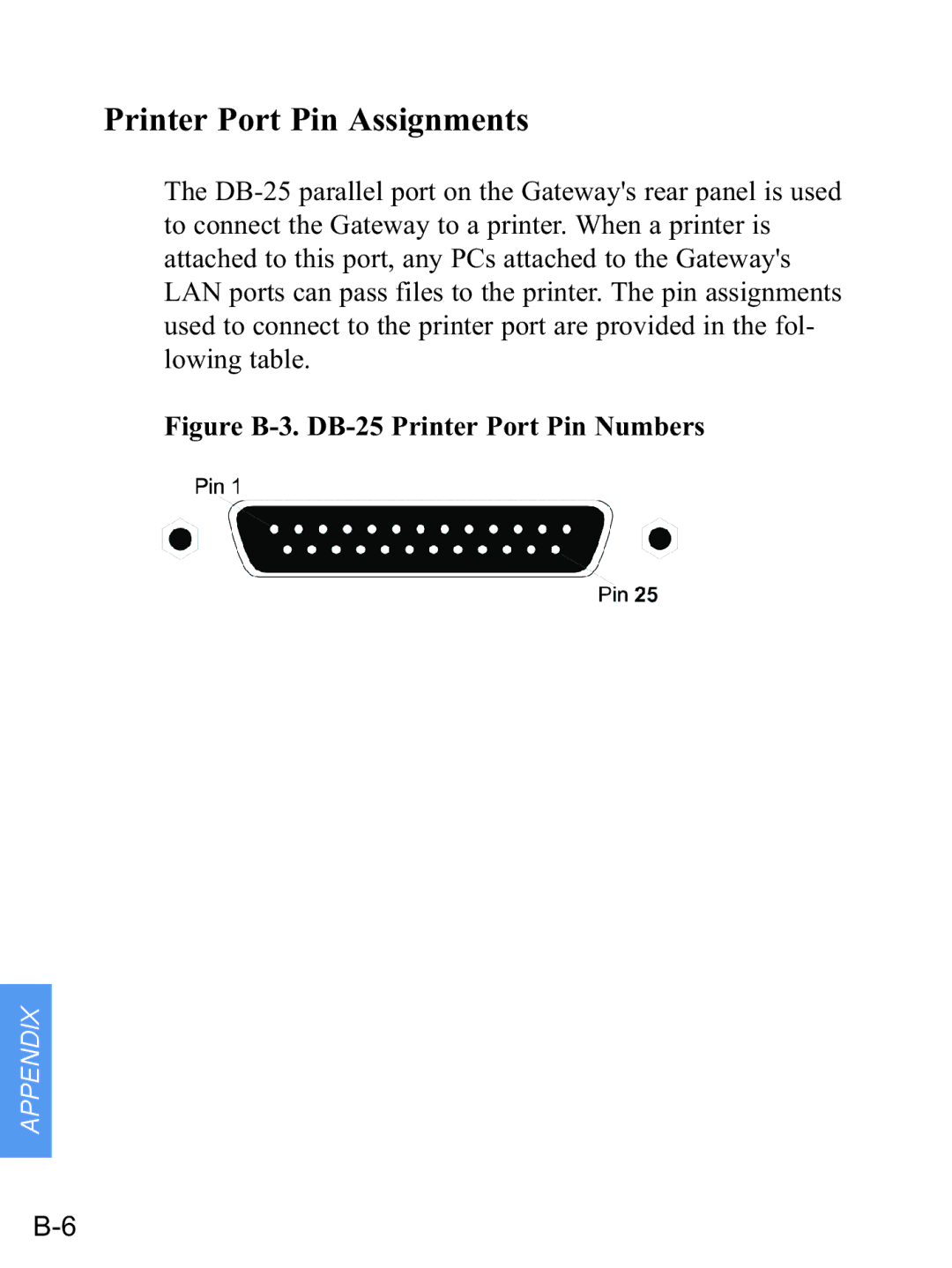 Gateway none manual Printer Port Pin Assignments, Figure B-3. DB-25 Printer Port Pin Numbers 