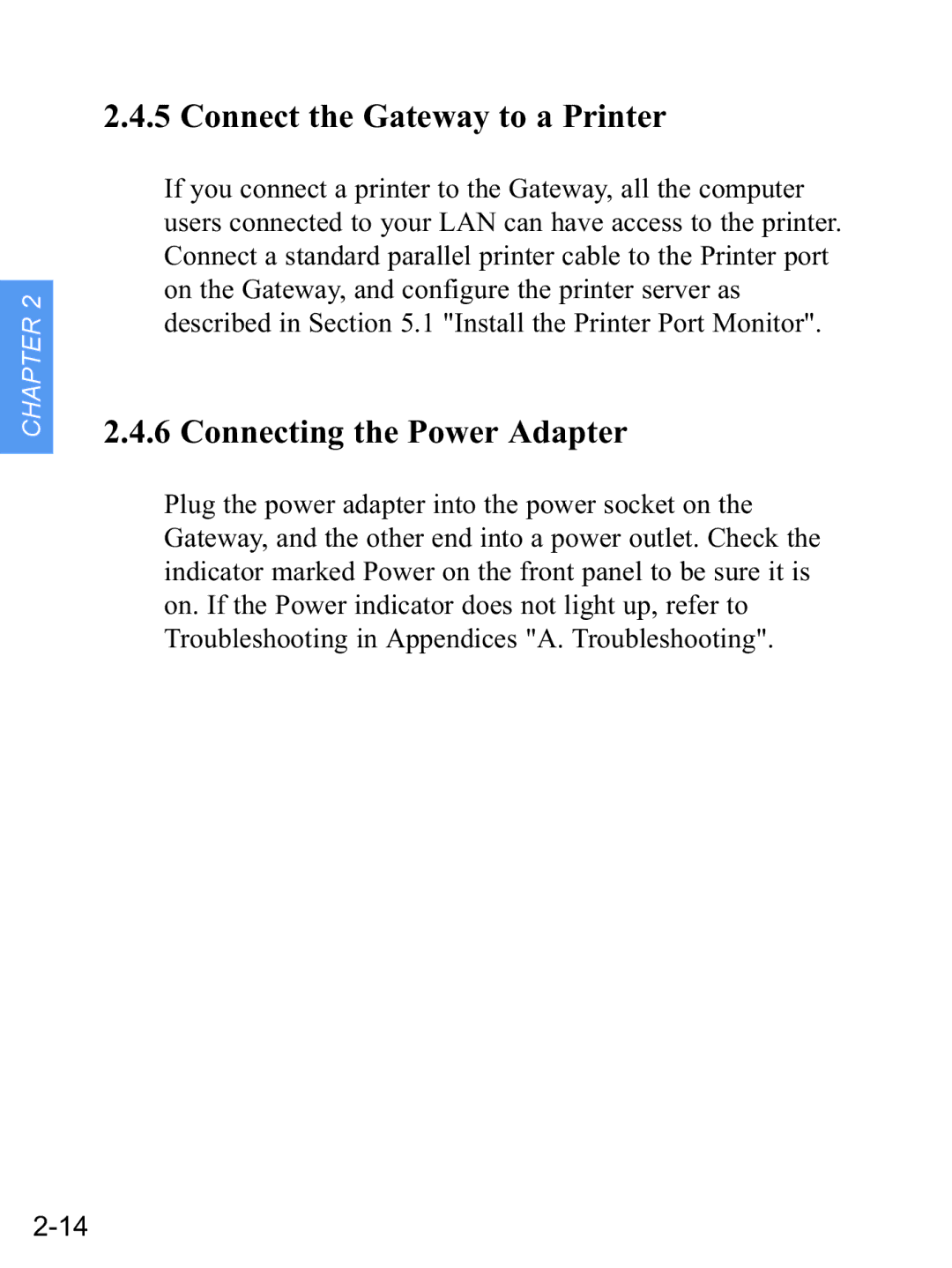 Gateway none manual Connect the Gateway to a Printer, Connecting the Power Adapter 