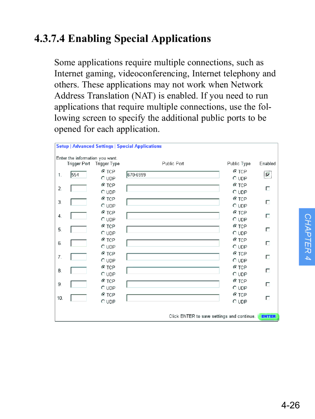 Gateway none manual Enabling Special Applications 