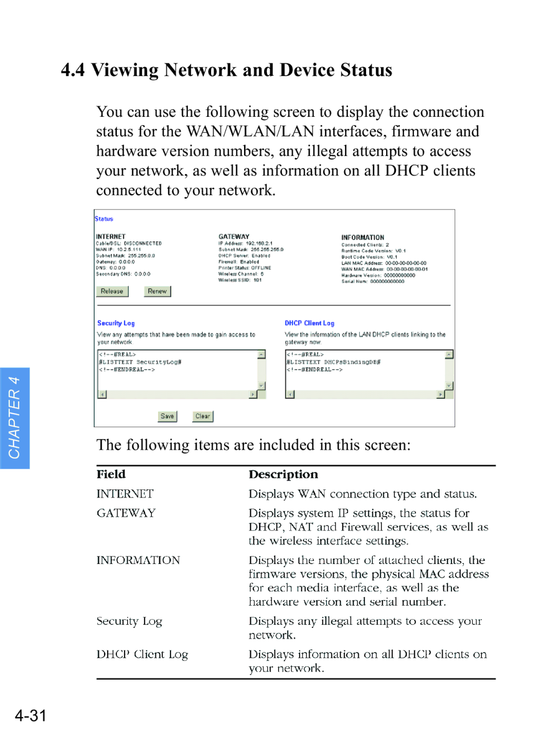 Gateway none manual Viewing Network and Device Status 