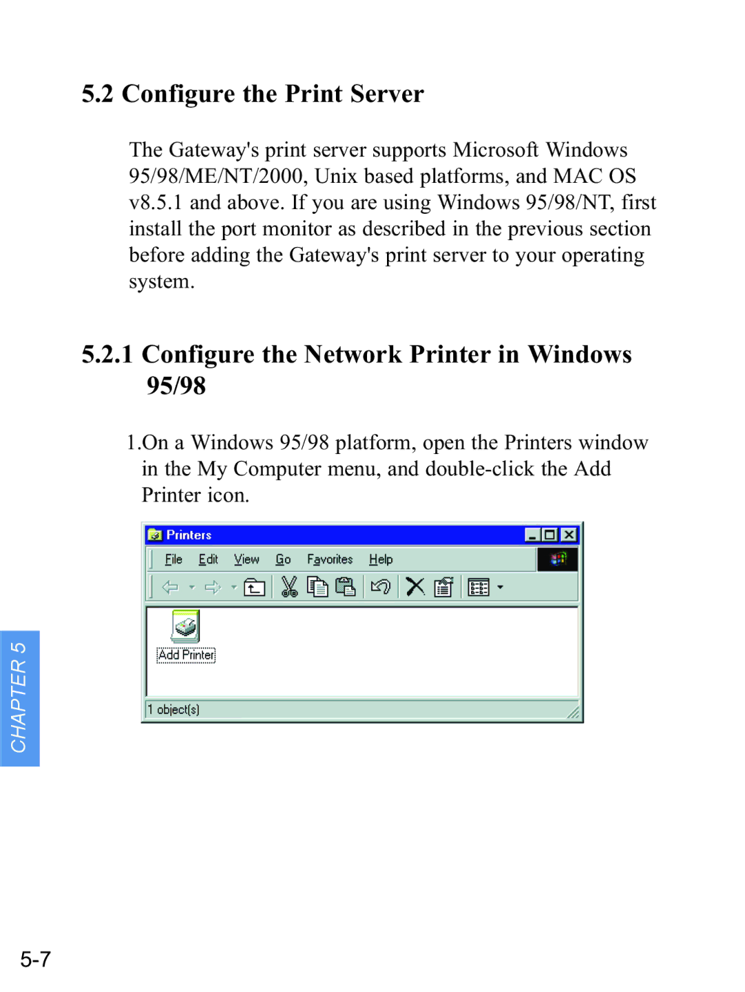 Gateway none manual Configure the Print Server, Configure the Network Printer in Windows 95/98 