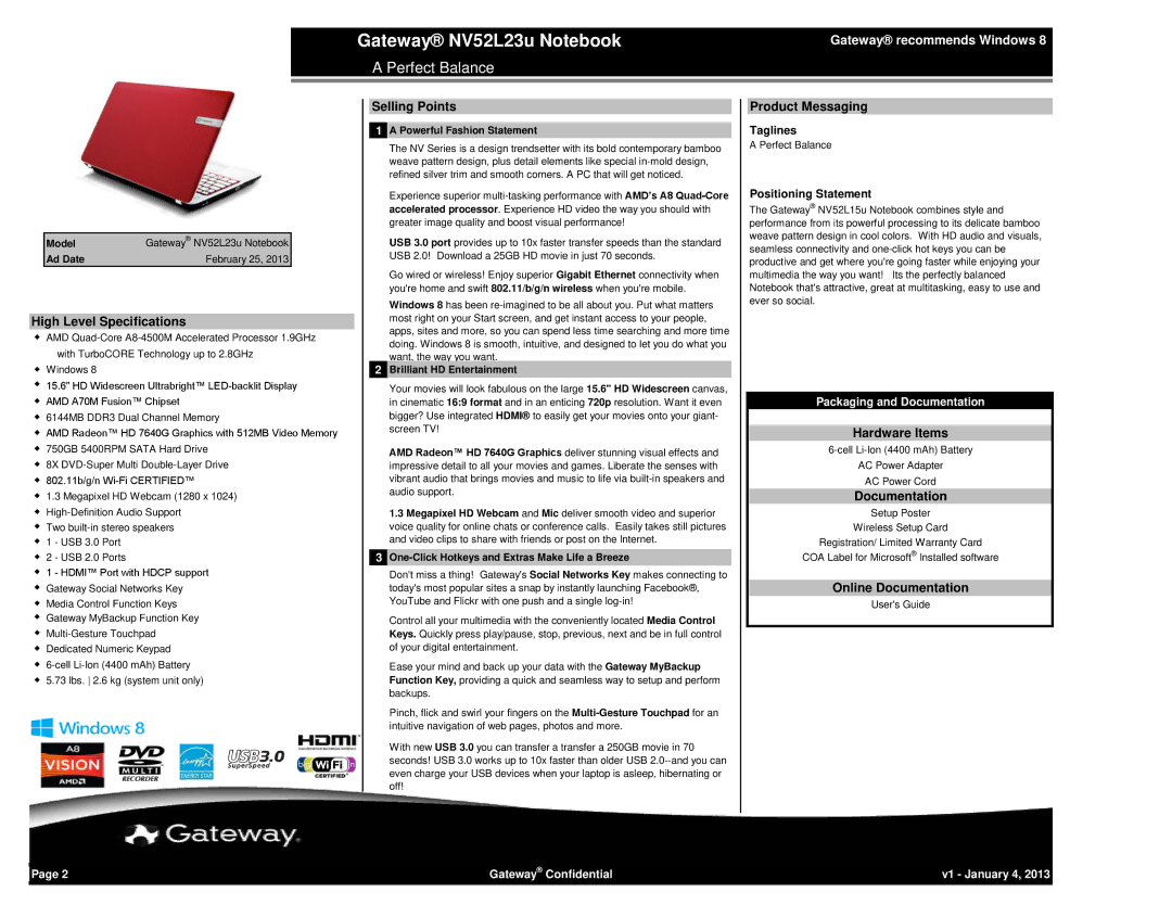 Gateway NV52L23U manual High Level Specifications, Selling Points, Product Messaging, Hardware Items, Documentation 