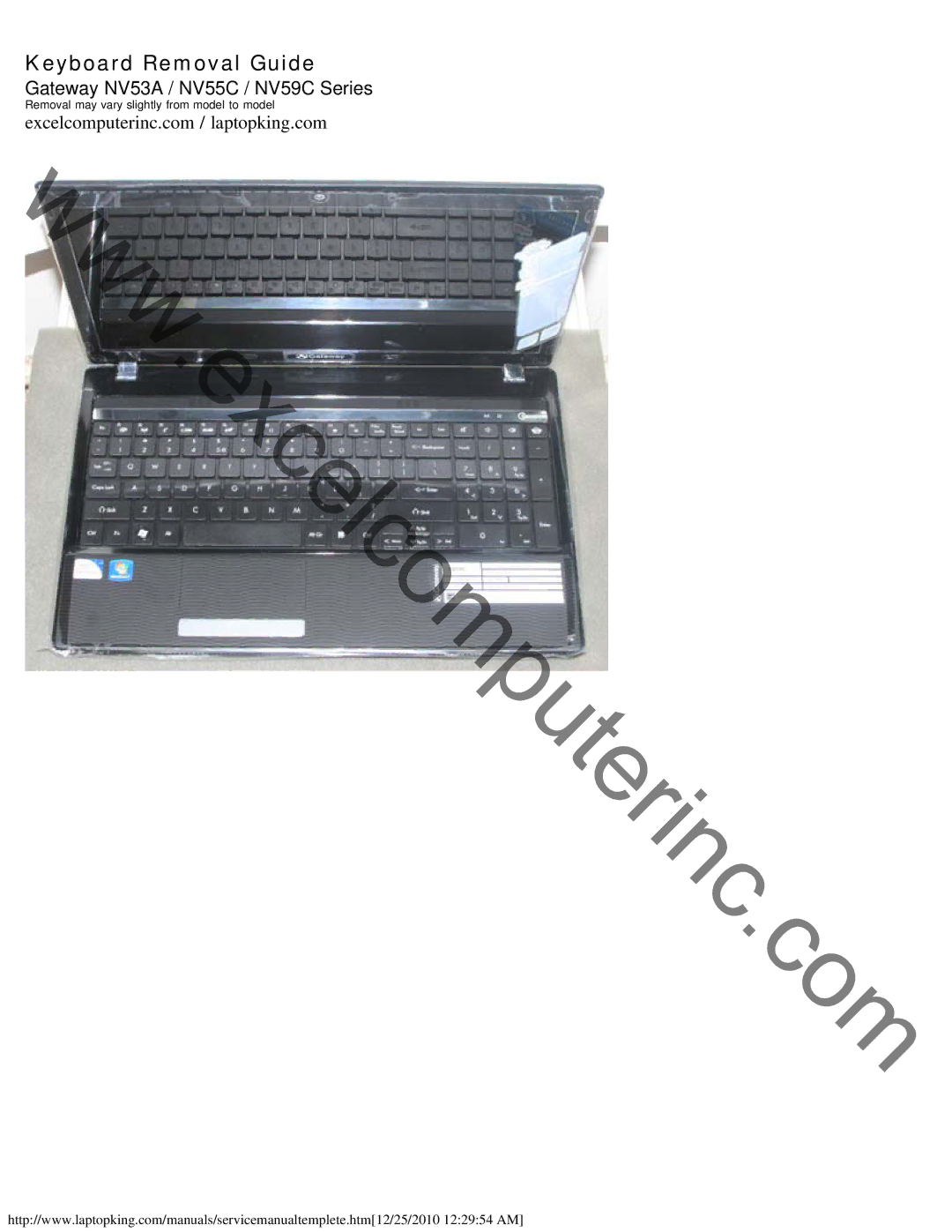 Gateway NV55C, NV59C, NV53A service manual Keyboard Removal Guide 