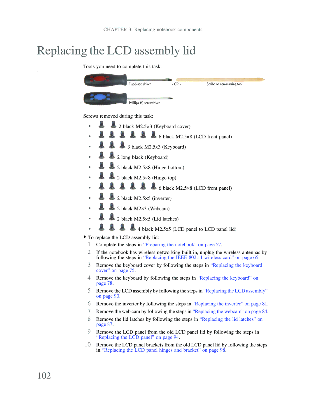 Gateway p-79 manual Replacing the LCD assembly lid, 102 