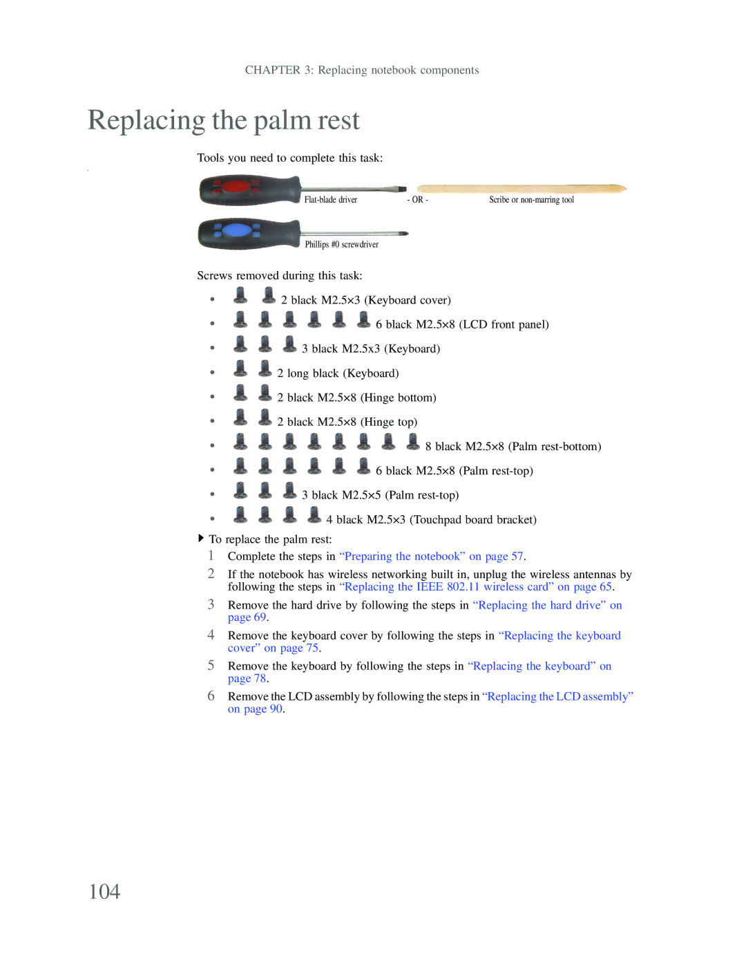 Gateway p-79 manual Replacing the palm rest, 104 