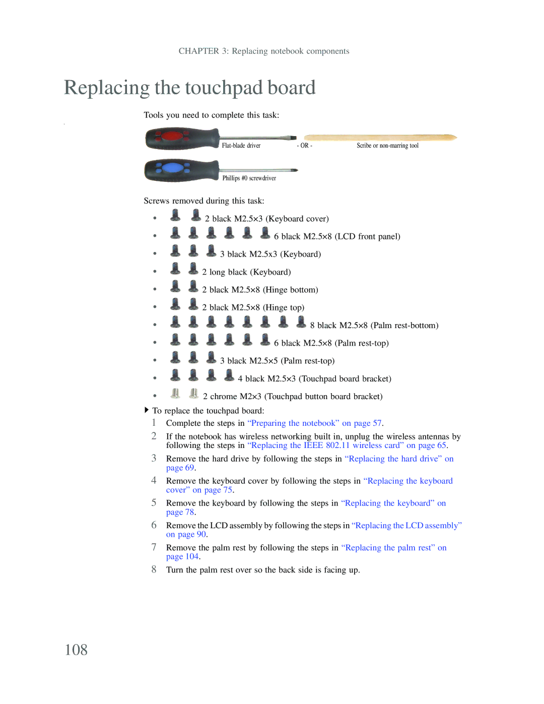 Gateway p-79 manual Replacing the touchpad board, 108 