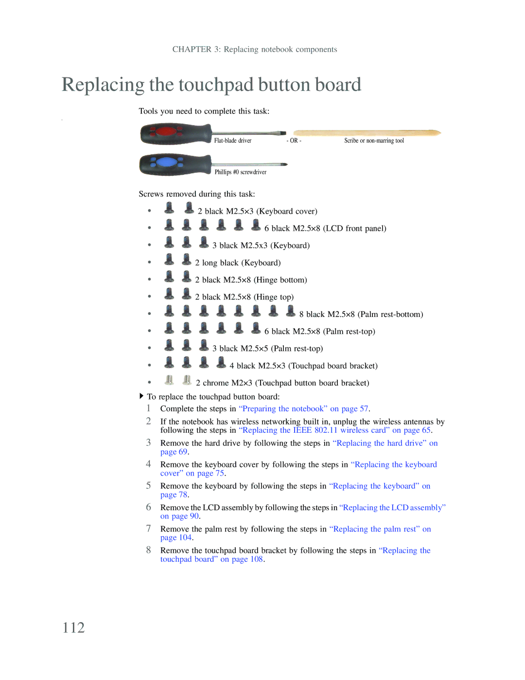 Gateway p-79 manual Replacing the touchpad button board, 112 