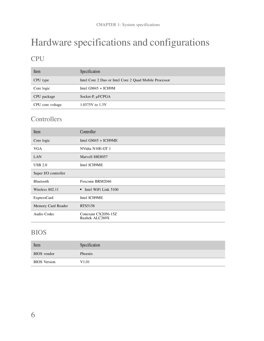 Gateway p-79 manual Hardware specifications and configurations, Controllers, Specification 