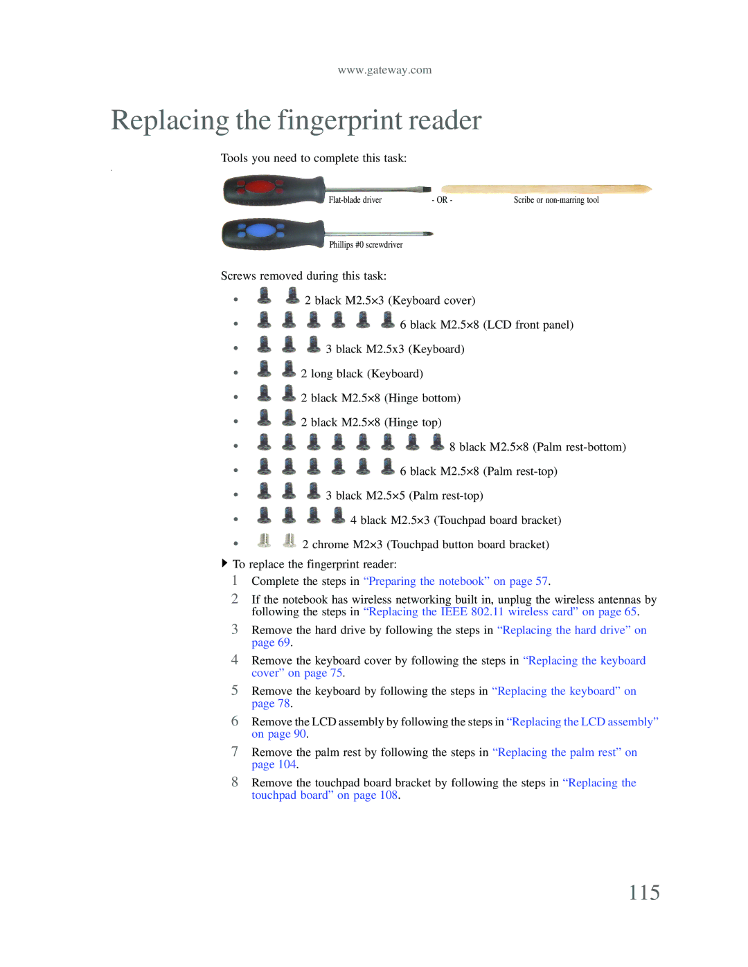 Gateway p-79 manual Replacing the fingerprint reader, 115 