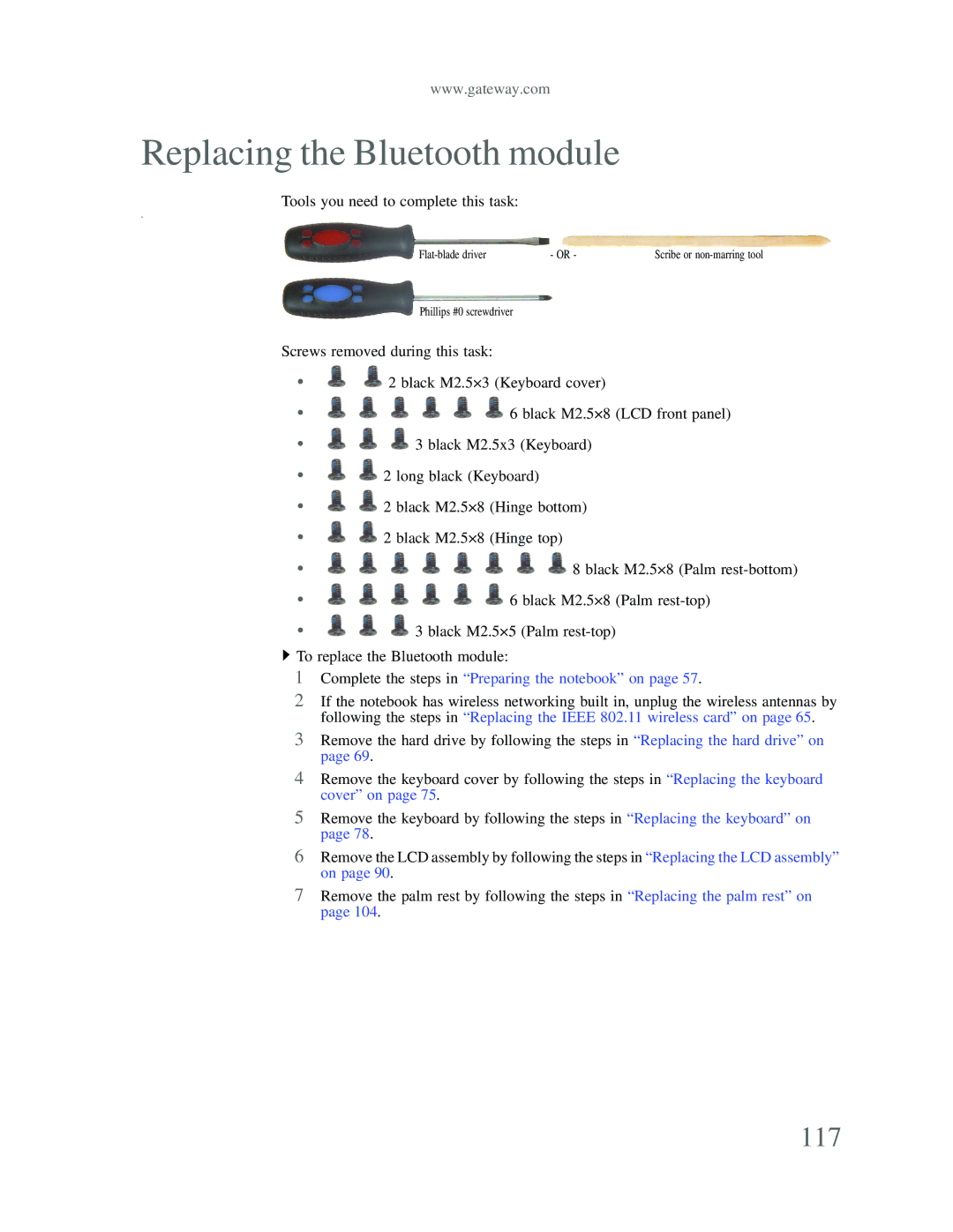 Gateway p-79 manual Replacing the Bluetooth module, 117 