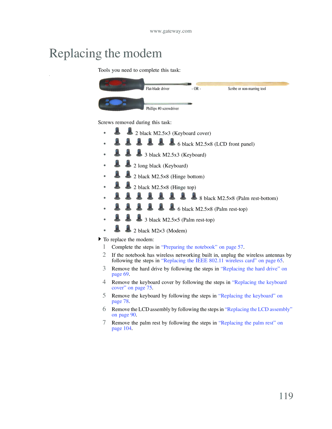 Gateway p-79 manual Replacing the modem, 119 