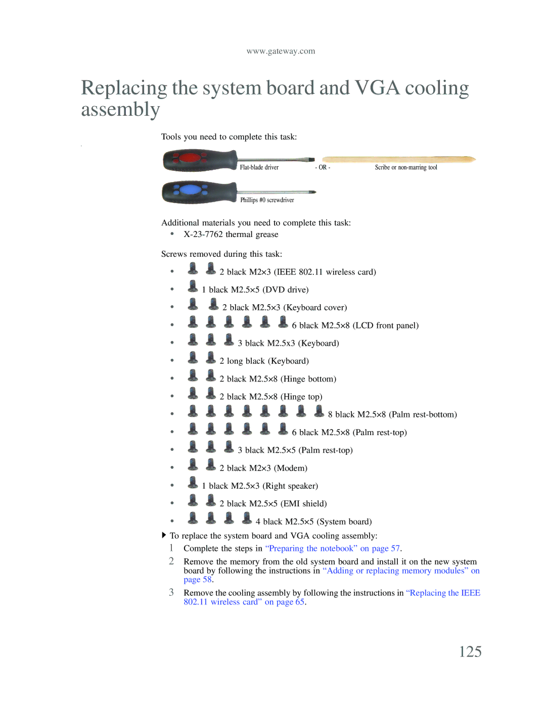 Gateway p-79 manual Replacing the system board and VGA cooling assembly, 125 