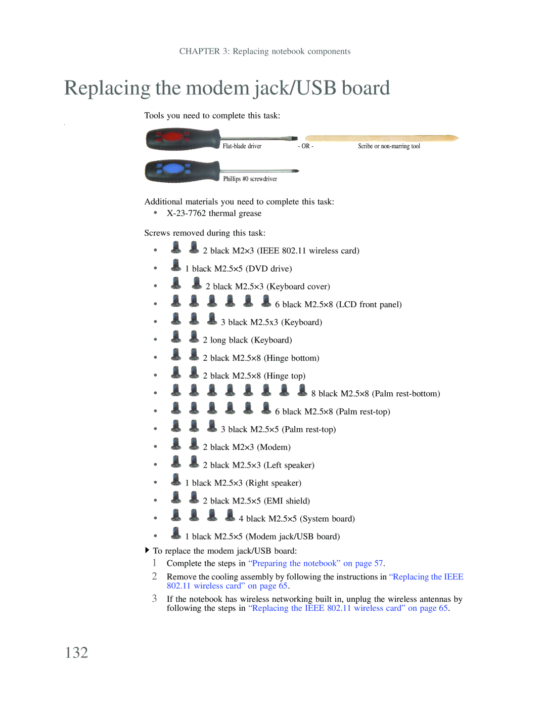 Gateway p-79 manual Replacing the modem jack/USB board, 132 