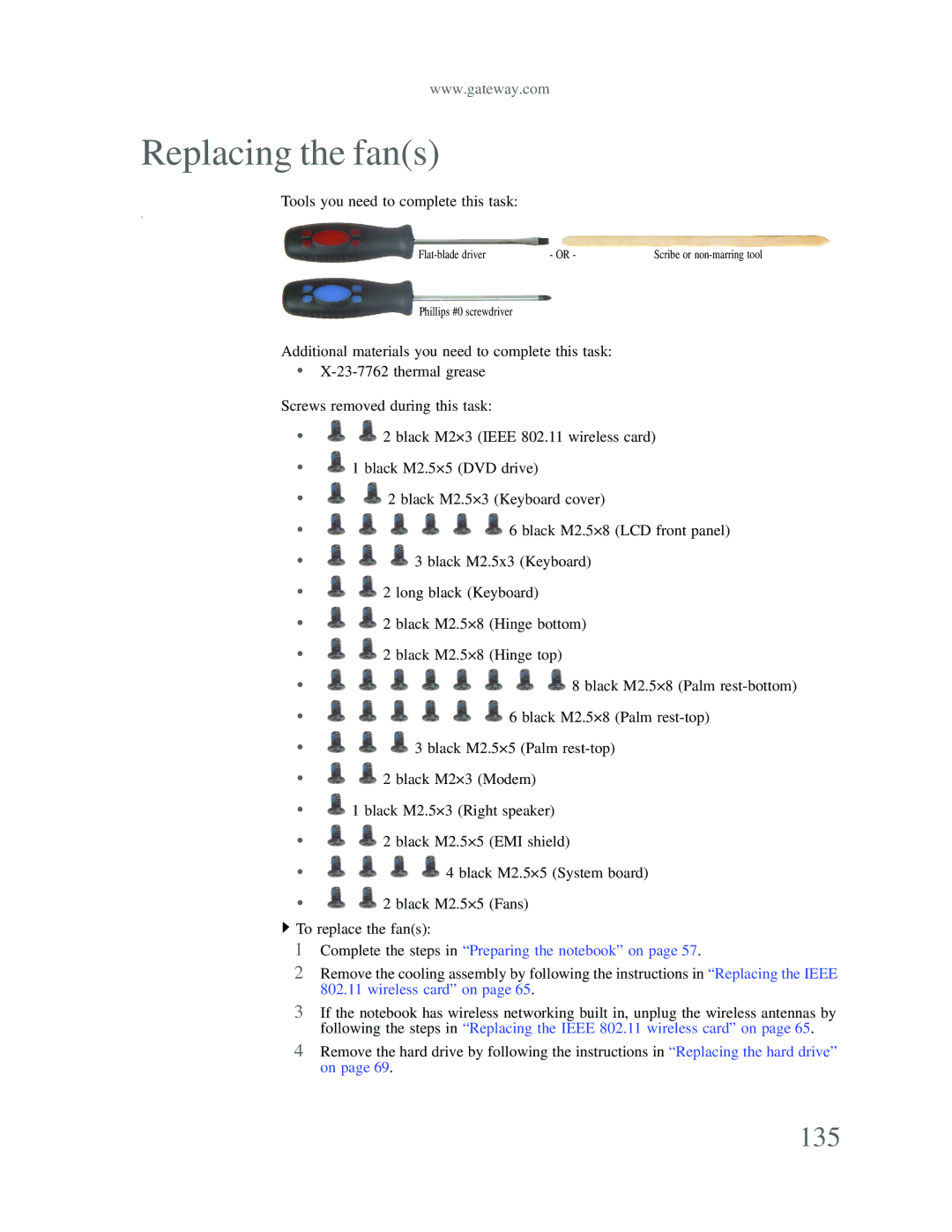 Gateway p-79 manual Replacing the fans, 135 