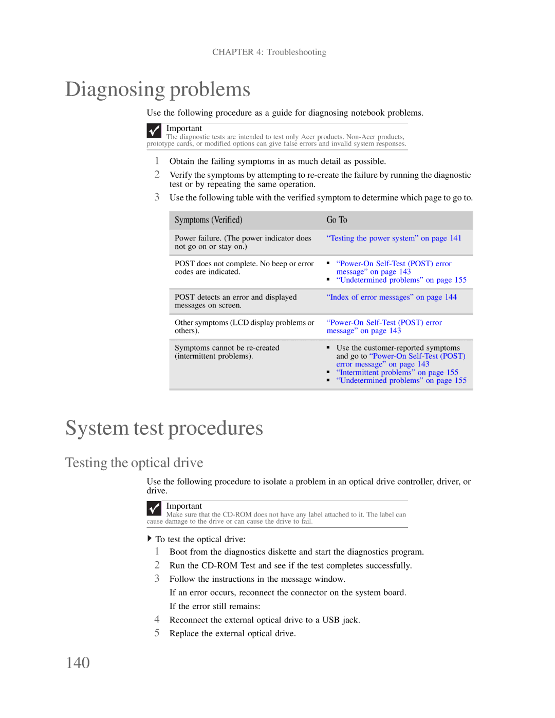 Gateway p-79 manual Diagnosing problems, System test procedures, 140, Testing the optical drive 