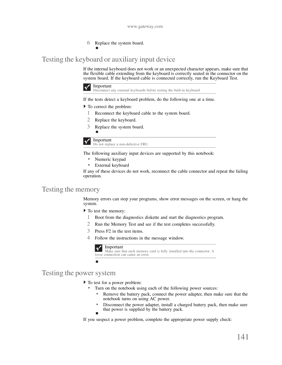 Gateway p-79 manual 141, Testing the keyboard or auxiliary input device, Testing the memory, Testing the power system 