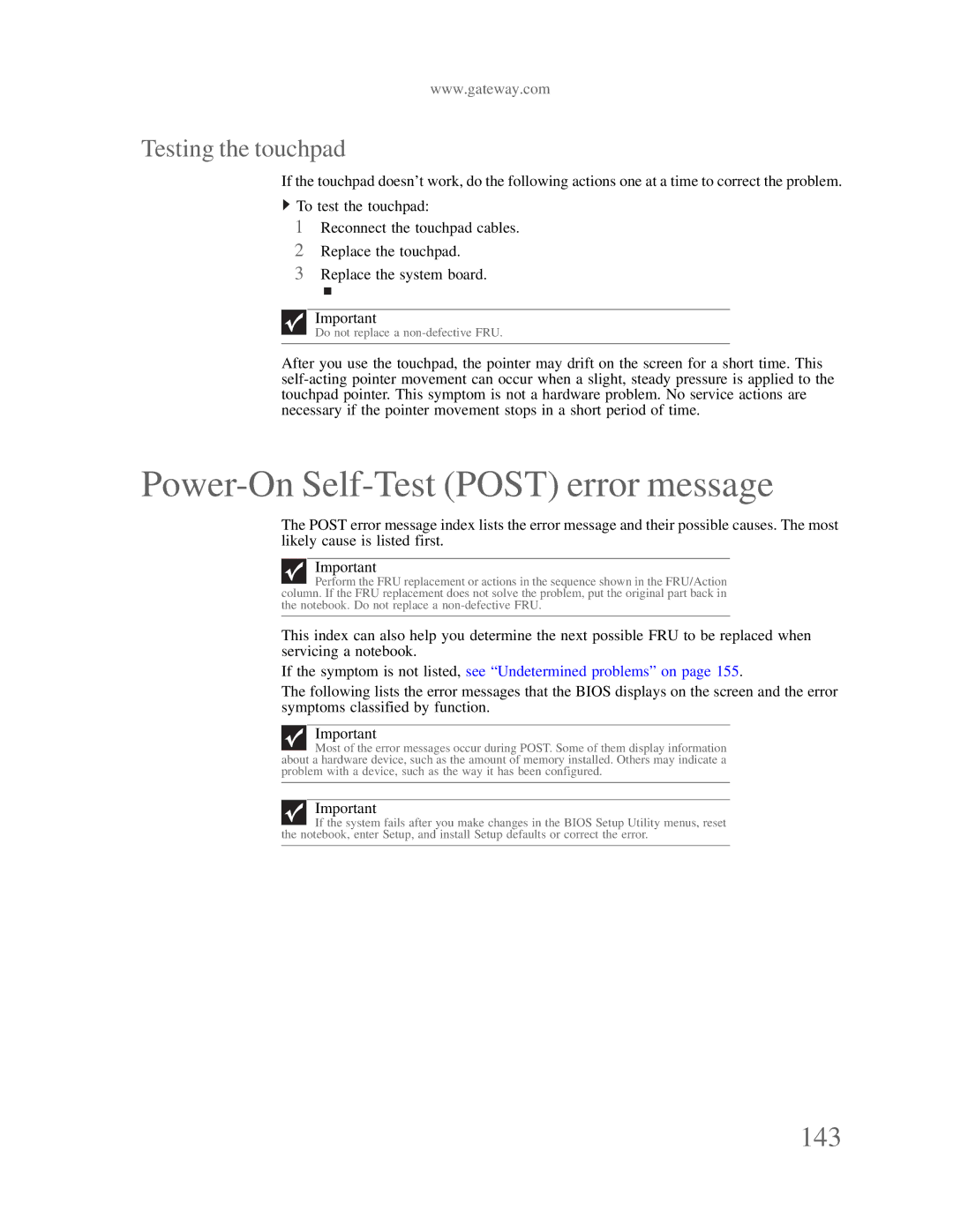 Gateway p-79 manual Power-On Self-Test Post error message, 143, Testing the touchpad 