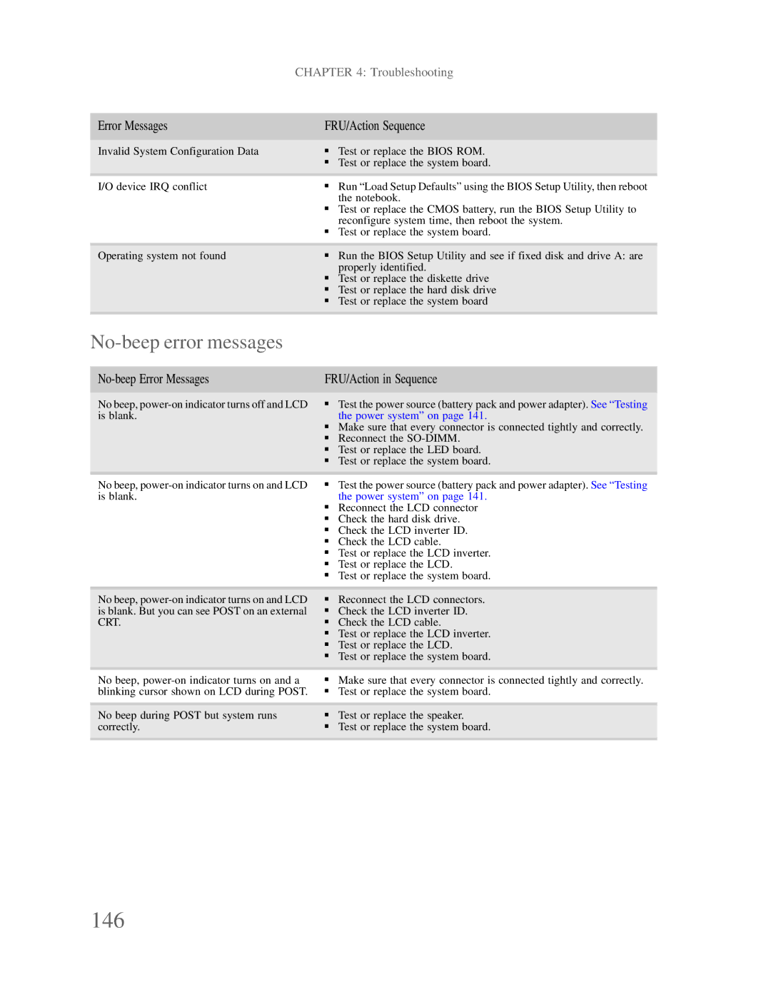 Gateway p-79 manual 146, No-beep error messages, No-beep Error Messages FRU/Action in Sequence 