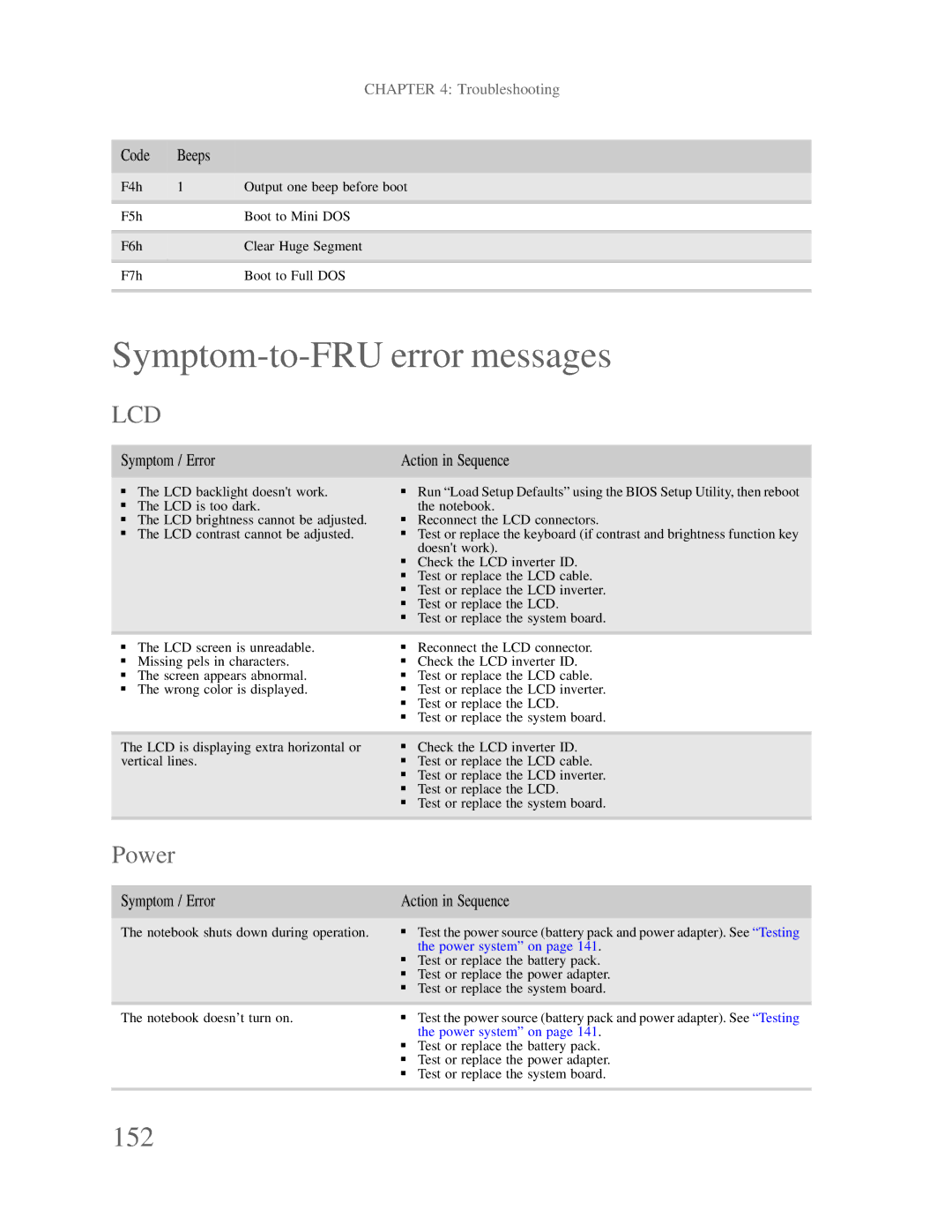 Gateway p-79 manual Symptom-to-FRU error messages, 152, Power, Symptom / Error Action in Sequence 