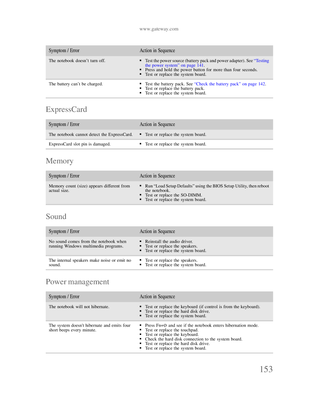 Gateway p-79 manual 153, Sound, Power management 