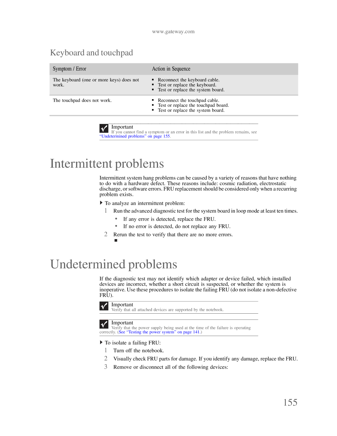 Gateway p-79 manual Intermittent problems, Undetermined problems, 155, Keyboard and touchpad 