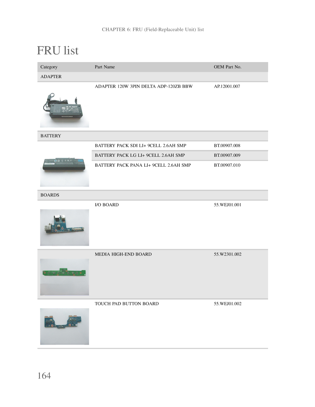 Gateway p-79 manual FRU list, 164 