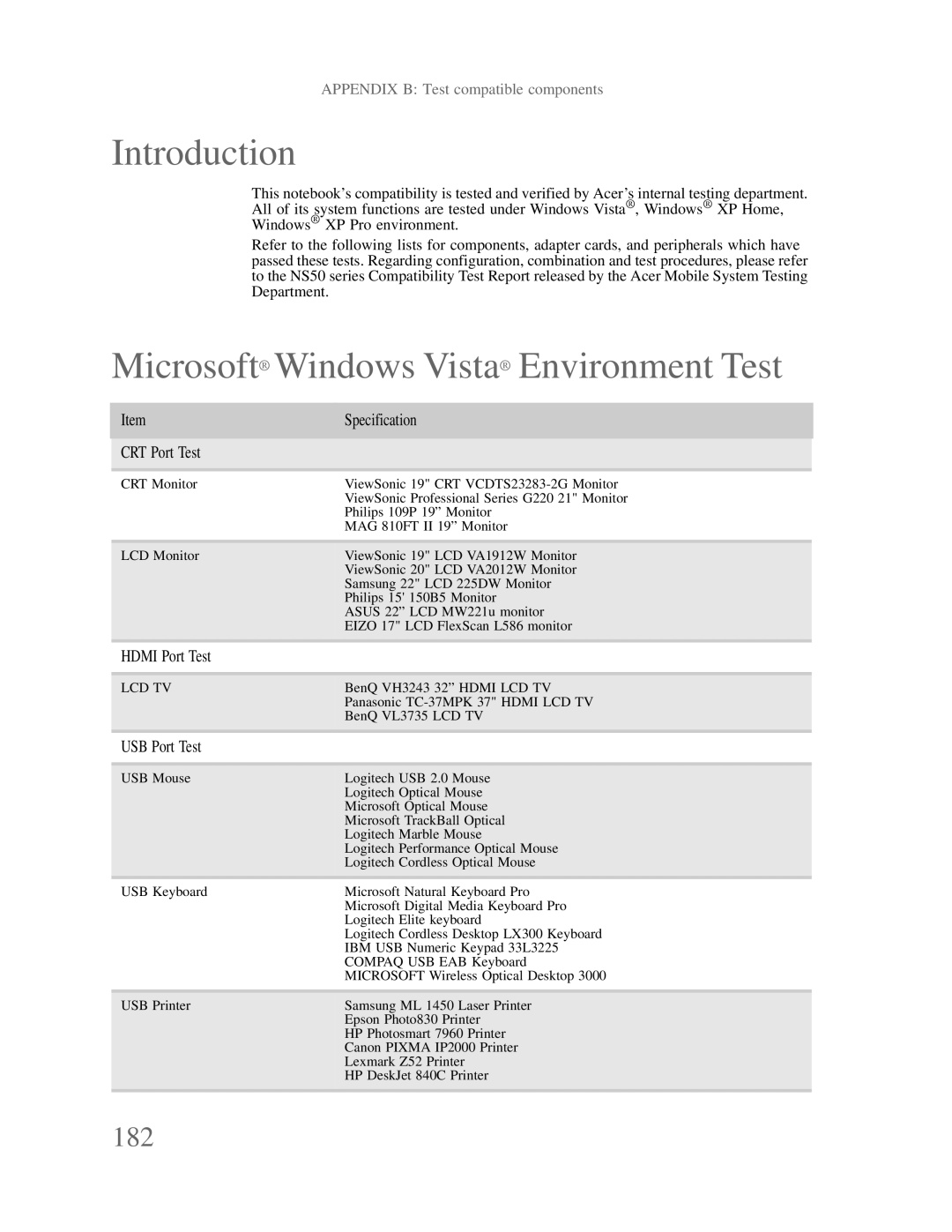 Gateway p-79 Microsoft Windows Vista Environment Test, 182, Specification CRT Port Test, Hdmi Port Test, USB Port Test 