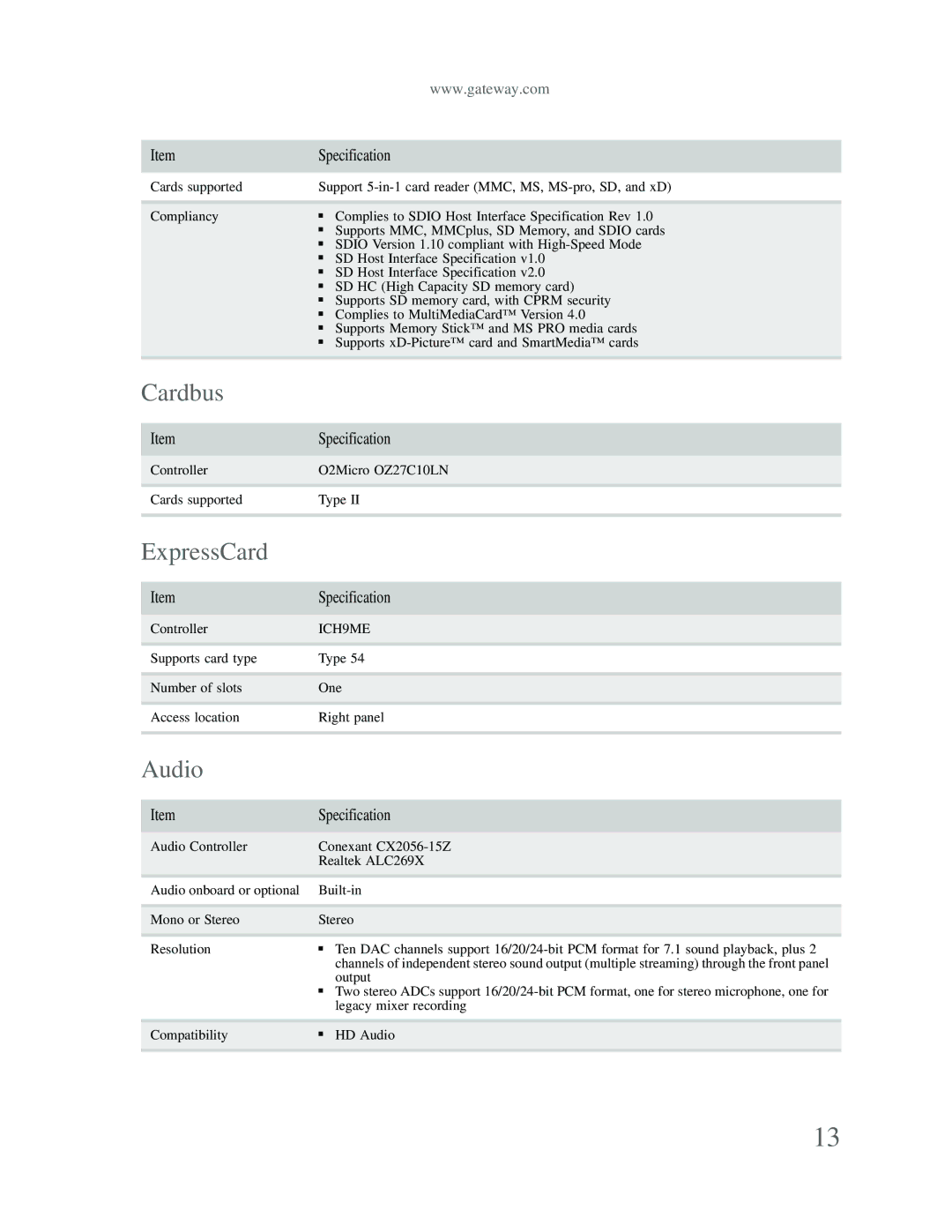 Gateway p-79 manual Cardbus, ExpressCard, Audio 