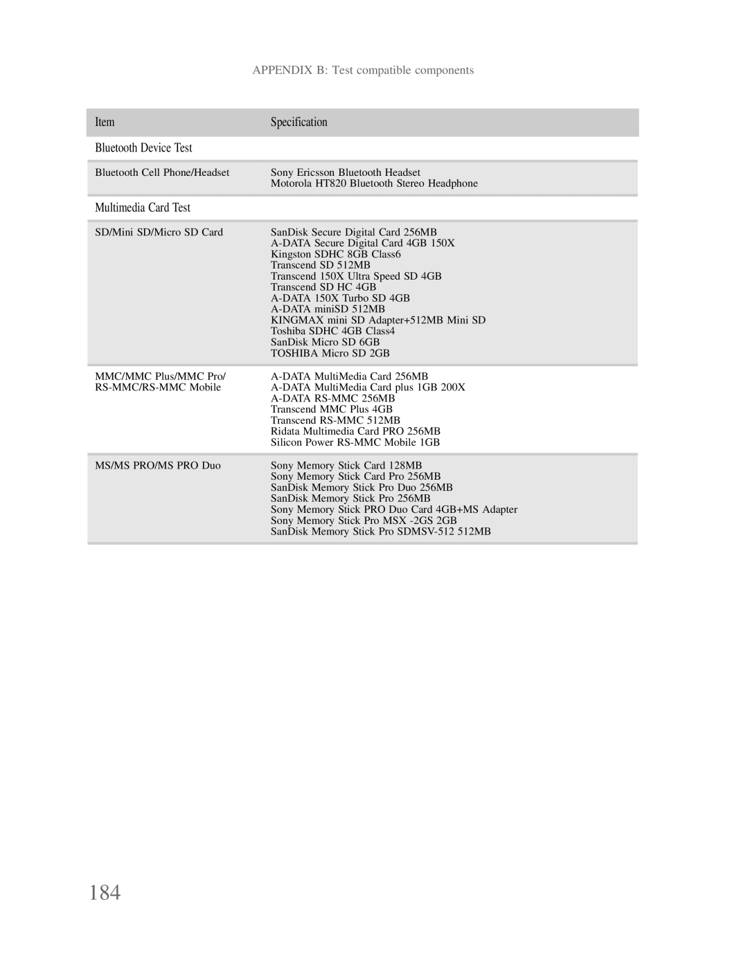 Gateway p-79 manual 184, Specification Bluetooth Device Test, Multimedia Card Test 