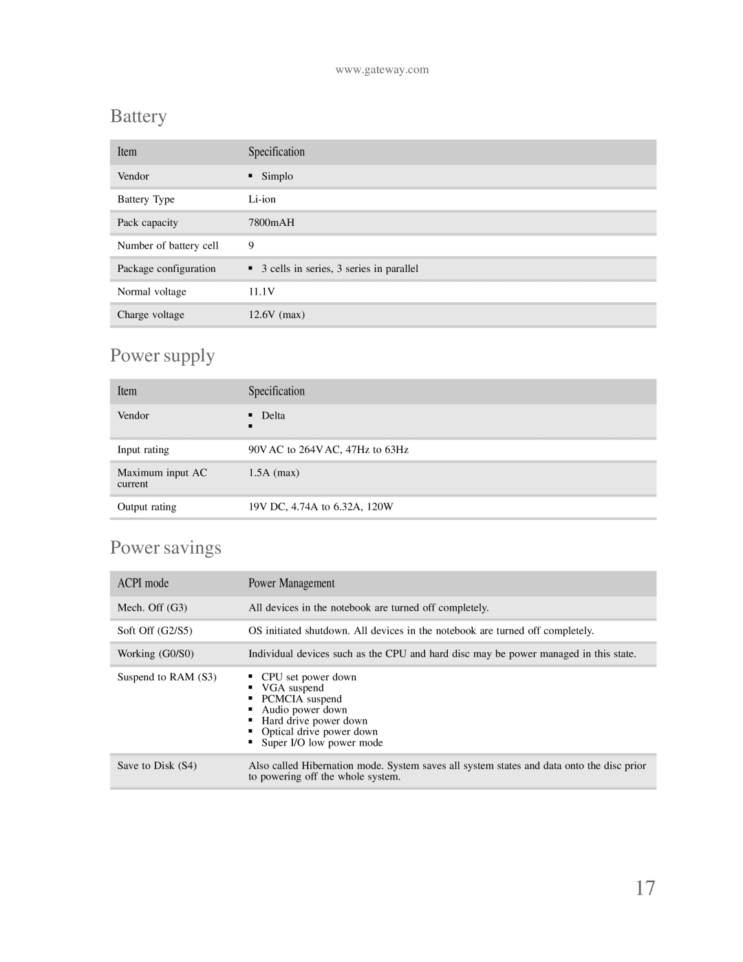 Gateway p-79 manual Battery, Power supply, Power savings, Acpi mode Power Management 
