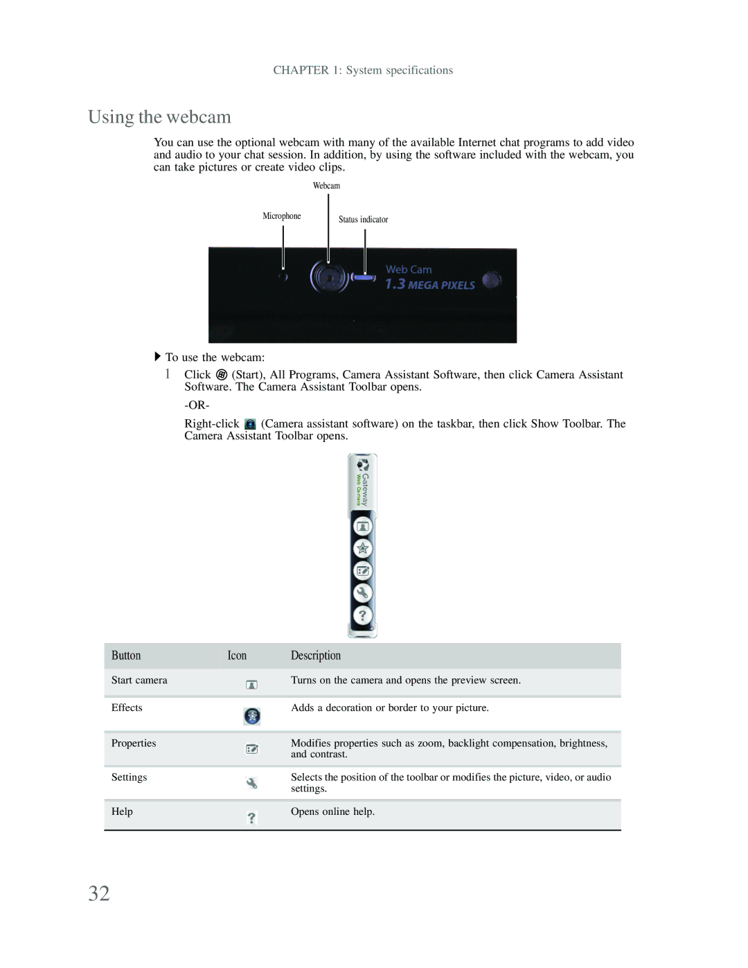 Gateway p-79 manual Using the webcam, Button Icon Description 