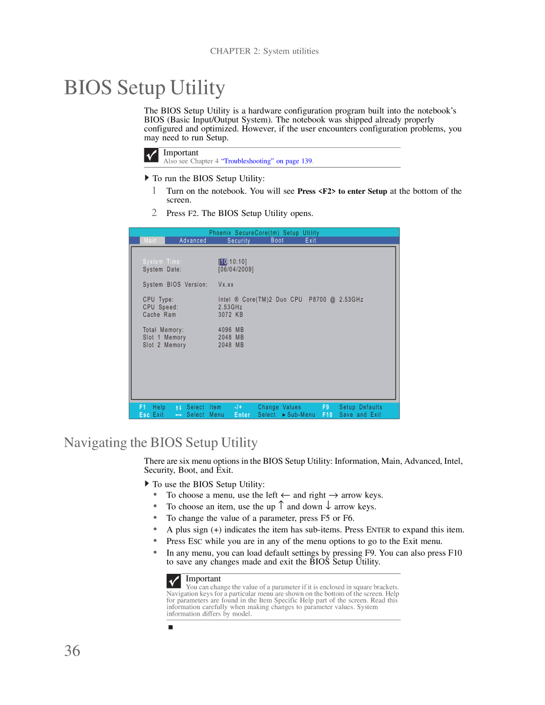 Gateway p-79 manual Navigating the Bios Setup Utility 