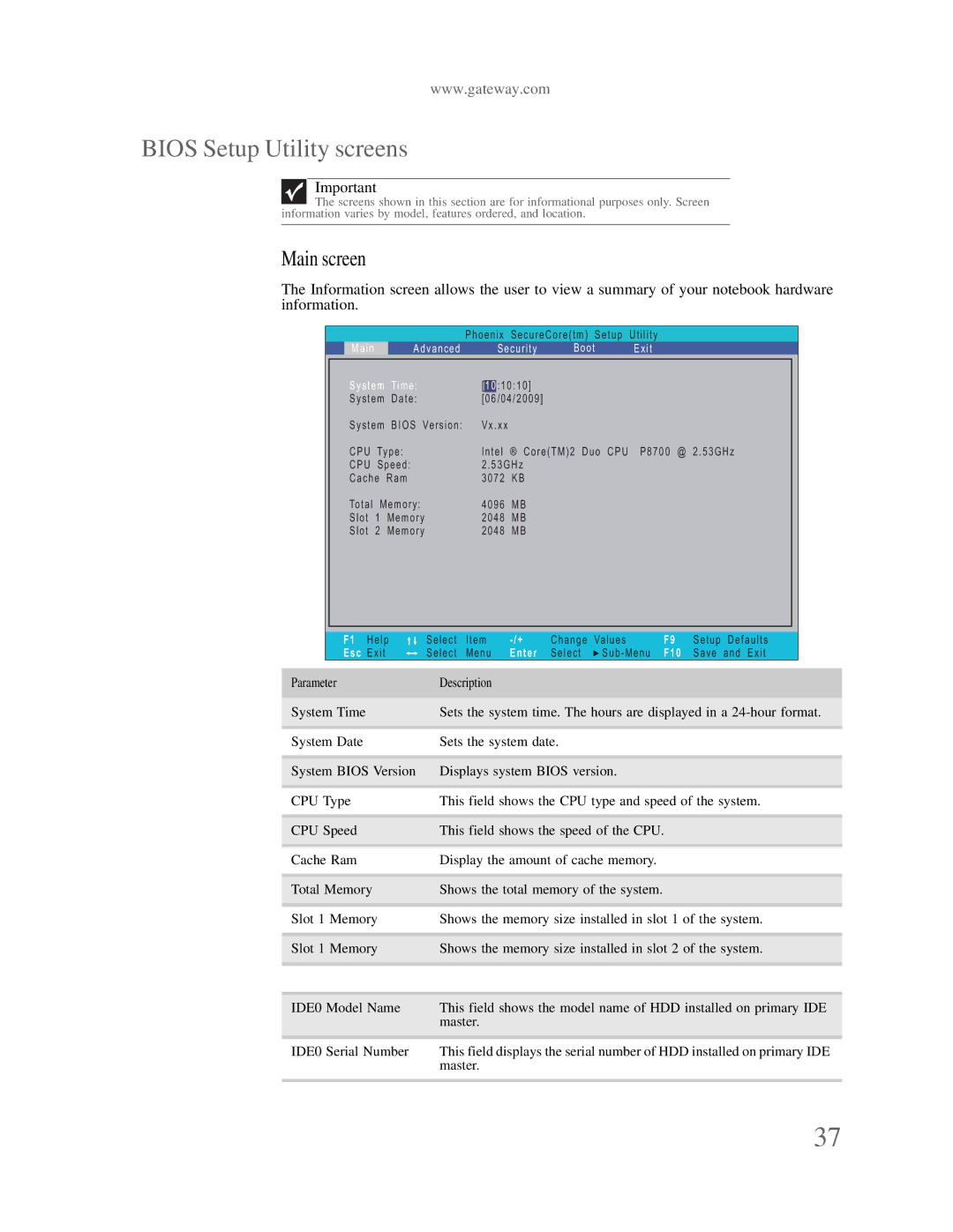 Gateway p-79 manual Bios Setup Utility screens, Main screen 